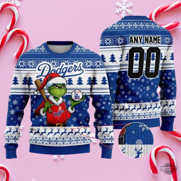 custom name grinch los angeles dodgers 2024 champions christmas ugly sweater