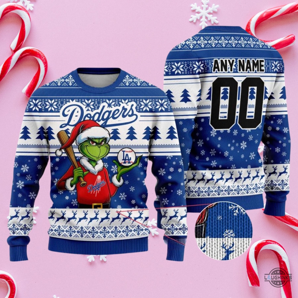 Custom Name Grinch Los Angeles Dodgers 2024 Champions Christmas Ugly Sweater