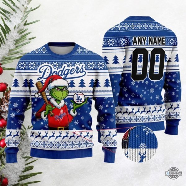 custom name grinch los angeles dodgers 2024 champions christmas ugly sweater