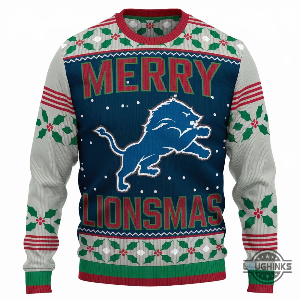 Merry Lionsmas Artificial Wool Sweatshirt Football Detroit Lions Merry Christmas 2024 Ugly Sweater