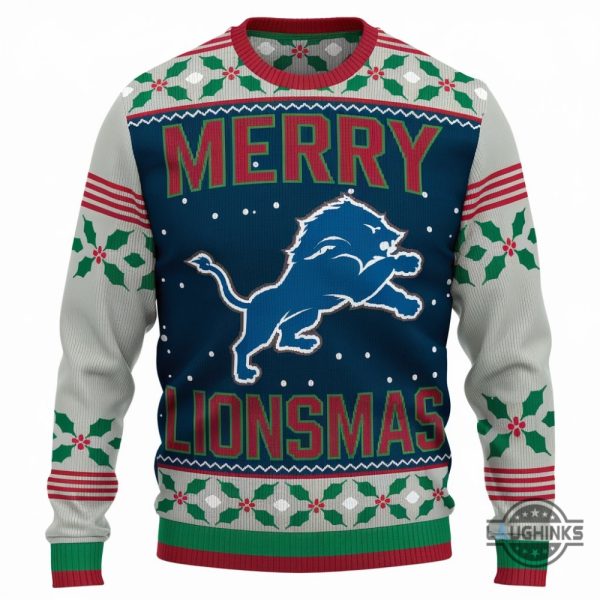 merry lionsmas artificial wool sweatshirt football detroit lions merry christmas 2024 ugly sweater laughinks 2