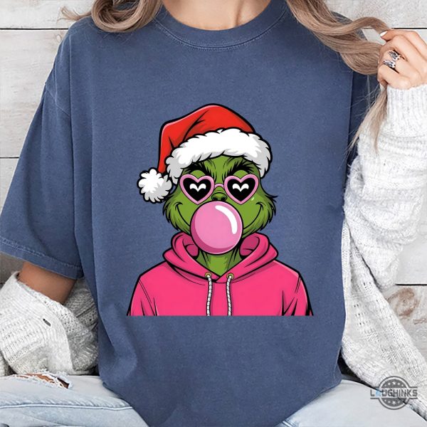 retro christmas grinch shirt pink whimsical merry grinchmas tshirt pink balloon bubble gum grinch graphic tee laughinks 1