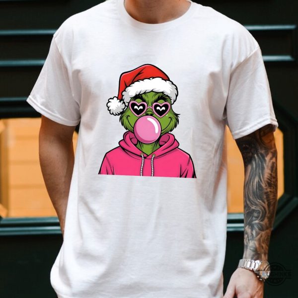 retro christmas grinch shirt pink whimsical merry grinchmas tshirt pink balloon bubble gum grinch graphic tee laughinks 2