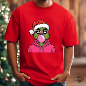 retro christmas grinch shirt pink whimsical merry grinchmas tshirt pink balloon bubble gum grinch graphic tee laughinks 4