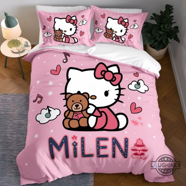 custom name hello kitty hugging teddy bear bedding set