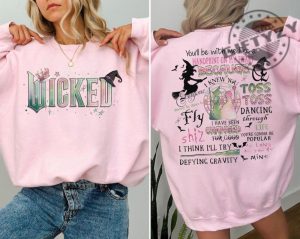 Wicked Movie 2Sided Shirt Defy Gravity Broomstick Magic Wand Sweatshirt Witch Pink And Green Tshirt Wizard Movie Fan Tee Wizard Hoodie giftyzy 3