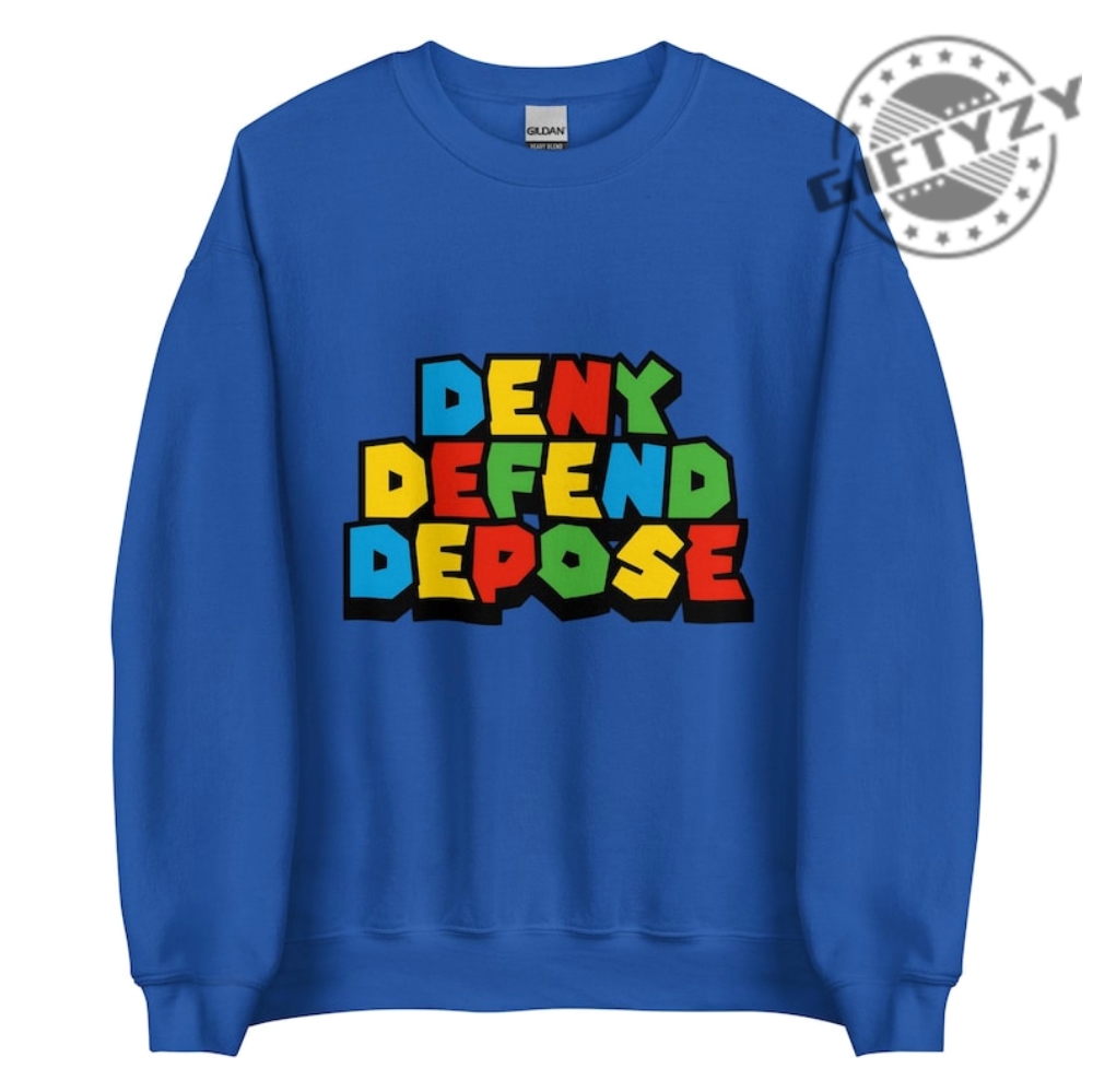 Deny Defend Depose Bold Statement Tee Colorful Protest Sweater Mario Font Hoodie Activist Graphic Sweater For Unisex Casual Wear