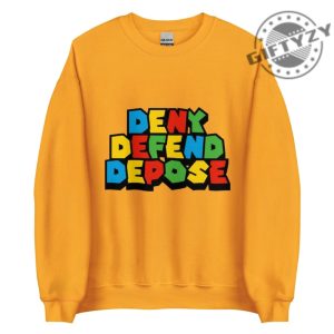 Deny Defend Depose Bold Statement Tee Colorful Protest Sweater Mario Font Hoodie Activist Graphic Sweater For Unisex Casual Wear giftyzy 2