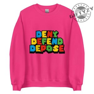 Deny Defend Depose Bold Statement Tee Colorful Protest Sweater Mario Font Hoodie Activist Graphic Sweater For Unisex Casual Wear giftyzy 6