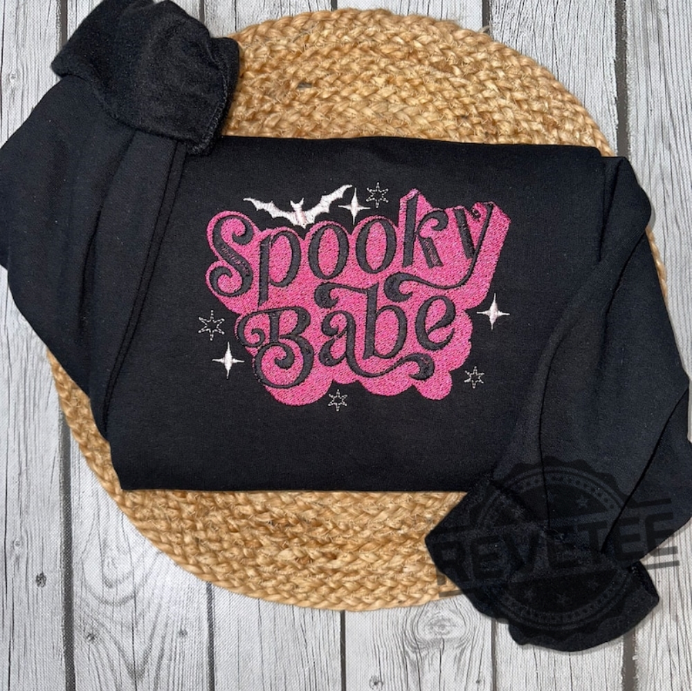 Spooky Babe Embroidered Crewneck Tshirt Hoodie Funny Halloween Sweater Spooky Baby Pink Halloween Shirts Barbie Trendy Sweater Hoodies revetee 1