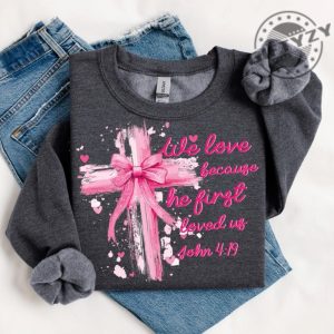 Coquette Jesus Valentine Cross Bow Shirt Christian Valentine Tshirt He Loved Us First Hoodie Jesus Loves You Sweatshirt Pink Valentine Jesus Valentine Bow Gift giftyzy 8