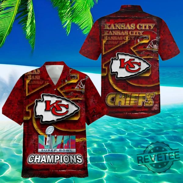 Kansas City Chiefs Super Bowl Lvii Champions Hawaiian Shirt Gift For Fan Kc Chiefs Champs Superbowl Aloha Shirt Button Up Shirts Unique revetee 1 1