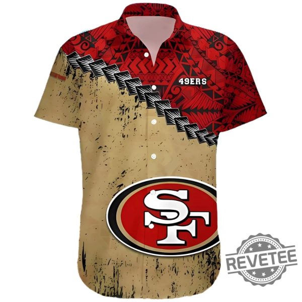 San Francisco 49Ers Grunge Polynesian Tattoo Hawaiian Shirt Gift For Fan Niners Mens Womens Aloha Shirt Button Up Shirts Unique revetee 1