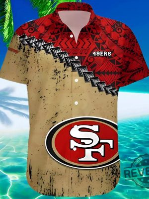 San Francisco 49Ers Grunge Polynesian Tattoo Hawaiian Shirt Gift For Fan Niners Mens Womens Aloha Shirt Button Up Shirts Unique revetee 1 1