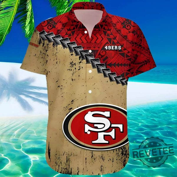 San Francisco 49Ers Grunge Polynesian Tattoo Hawaiian Shirt Gift For Fan Niners Mens Womens Aloha Shirt Button Up Shirts Unique revetee 1 1