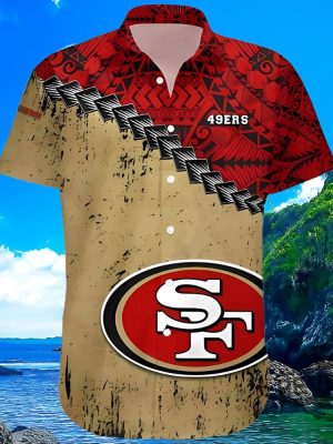 San Francisco 49Ers Grunge Polynesian Tattoo Hawaiian Shirt Gift For Fan Niners Mens Womens Aloha Shirt Button Up Shirts Unique revetee 1 2