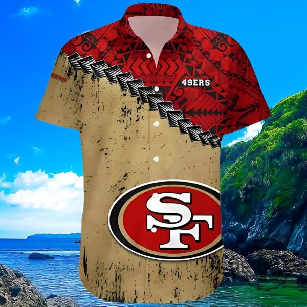 San Francisco 49Ers Grunge Polynesian Tattoo Hawaiian Shirt Gift For Fan Niners Mens Womens Aloha Shirt Button Up Shirts Unique revetee 1 2