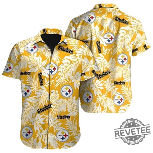 Nfl Pittsburgh Steelers Tropical Leafs Hawaiian Shirt Gift For Fan Mens Womens Aloha Shirt Button Up Shirts Unique revetee 1