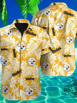 Nfl Pittsburgh Steelers Tropical Leafs Hawaiian Shirt Gift For Fan Mens Womens Aloha Shirt Button Up Shirts Unique revetee 1 1