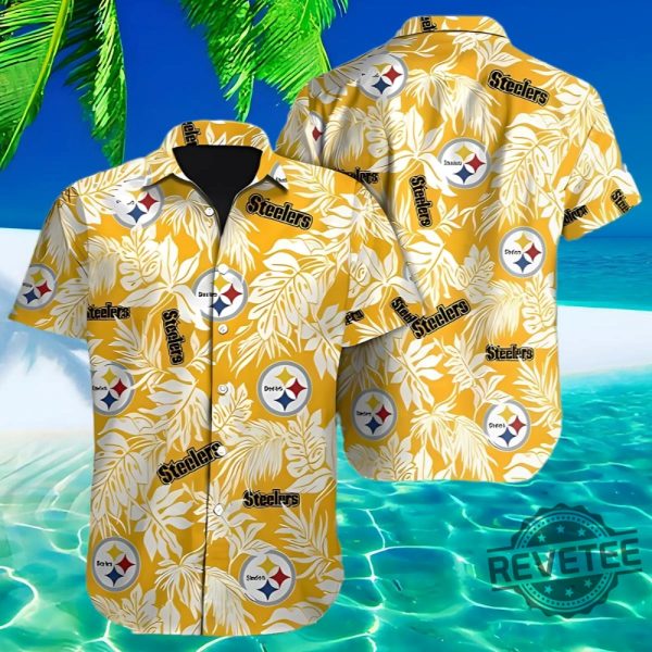 Nfl Pittsburgh Steelers Tropical Leafs Hawaiian Shirt Gift For Fan Mens Womens Aloha Shirt Button Up Shirts Unique revetee 1 1