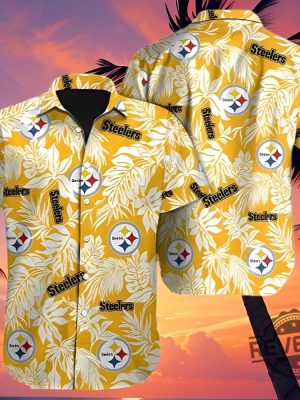 Nfl Pittsburgh Steelers Tropical Leafs Hawaiian Shirt Gift For Fan Mens Womens Aloha Shirt Button Up Shirts Unique revetee 1 2