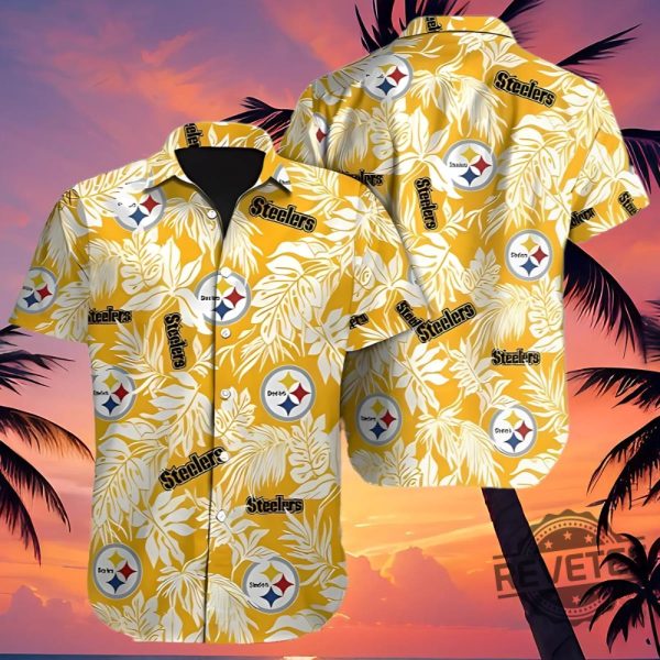 Nfl Pittsburgh Steelers Tropical Leafs Hawaiian Shirt Gift For Fan Mens Womens Aloha Shirt Button Up Shirts Unique revetee 1 2