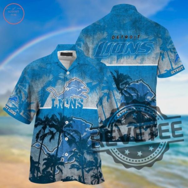 Detroit Lions Palm Hawaiian Shirt Aloha Shirt Button Up Shirts Gift For Fan Husband Dad Unique revetee 1