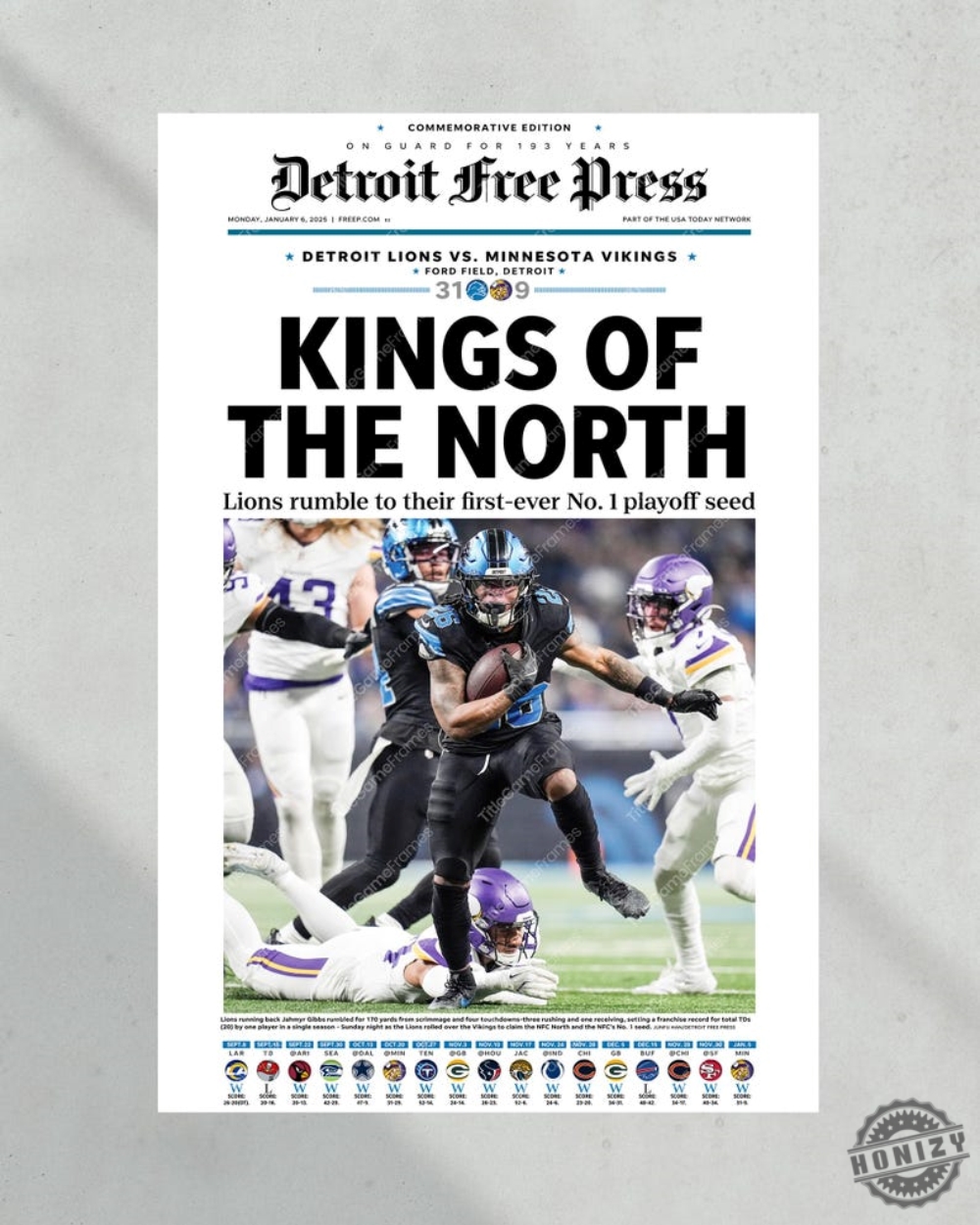 2025 Detroit Lions Historic Nfc No. 1 Seed Victory Kings Of The North Poster