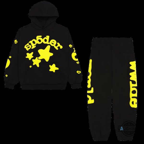 black and yellow sp5der beluga hoodie t shirt sweatshirt sweatpants replica