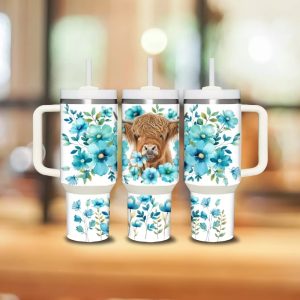 40oz blue floral highland cow stanley tumbler dupe