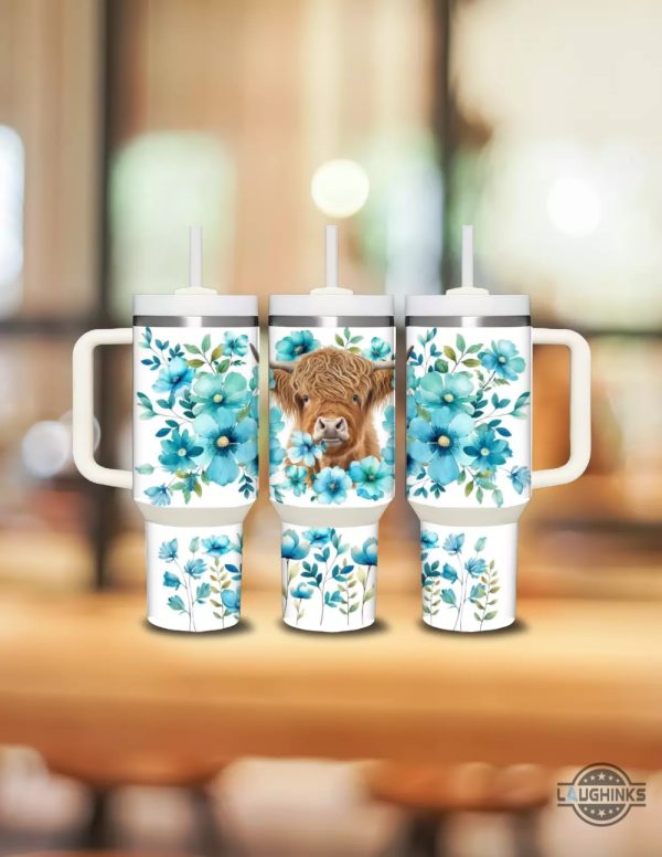 40oz blue floral highland cow stanley tumbler dupe