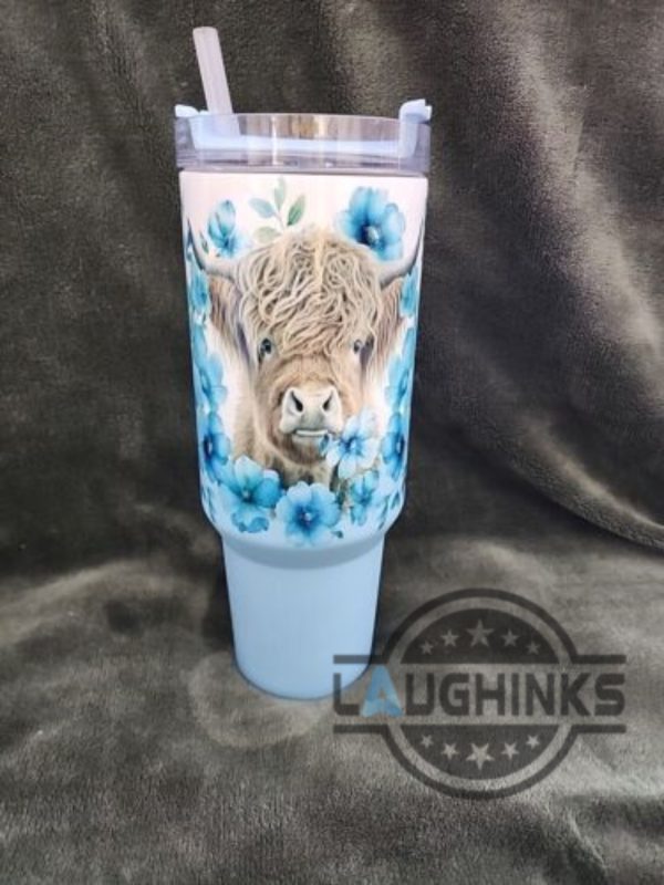 40oz blue floral highland cow stanley tumbler dupe