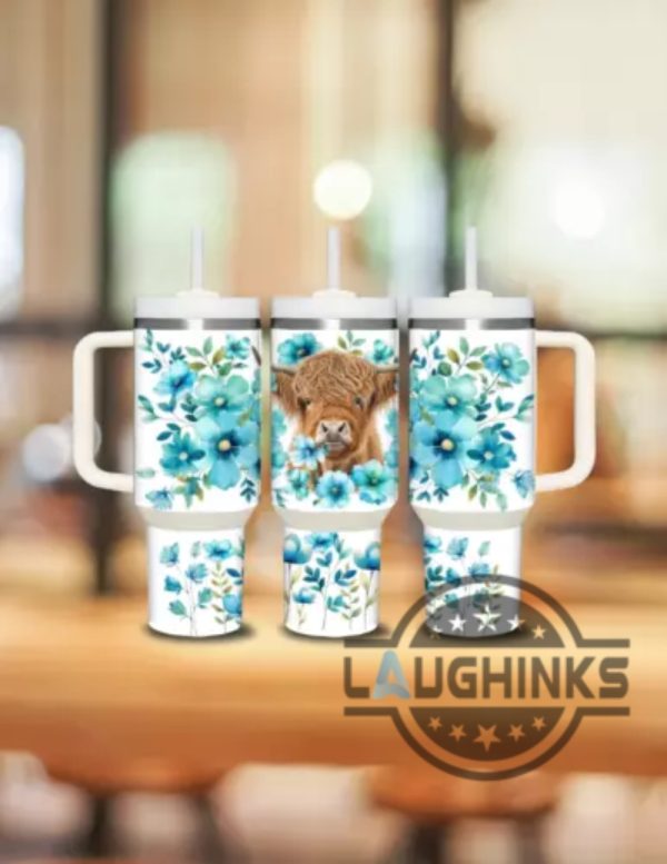 40oz blue floral highland cow stanley tumbler dupe