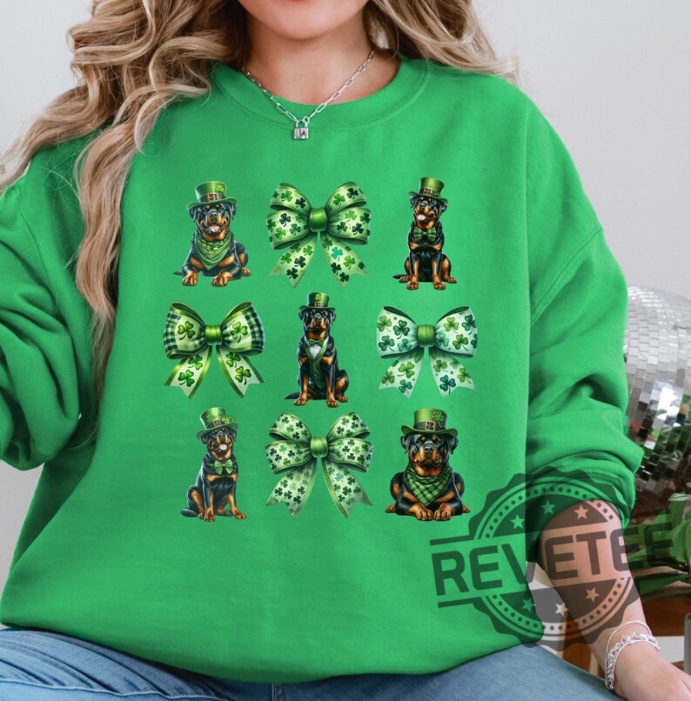 St Patrick Rottweiler Shamrock Coquette Bows Shirts Hoodie Sweatshirt Tee Gift For Fan Mens Womens Rottie Dog Mom Gifts Lucky Dog Lover New revetee 1