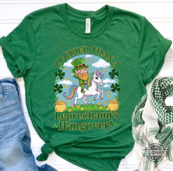 luckier than a leprechauns hangover unicorn st patricks day shirt