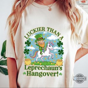 luckier than a leprechauns hangover unicorn st patricks day shirt