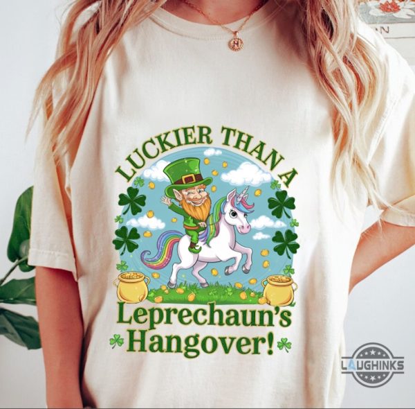 luckier than a leprechauns hangover unicorn st patricks day shirt