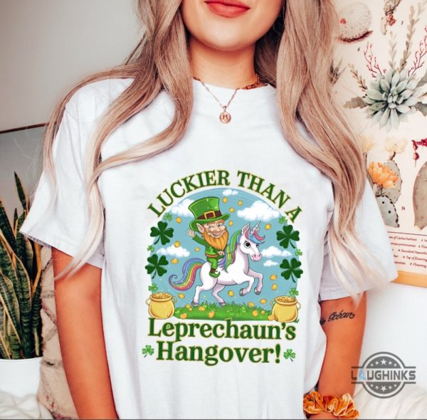 luckier than a leprechauns hangover unicorn st patricks day shirt