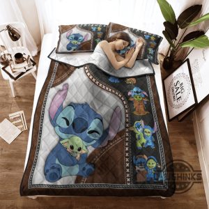funny friends stitch and baby yoda quilt bedding set