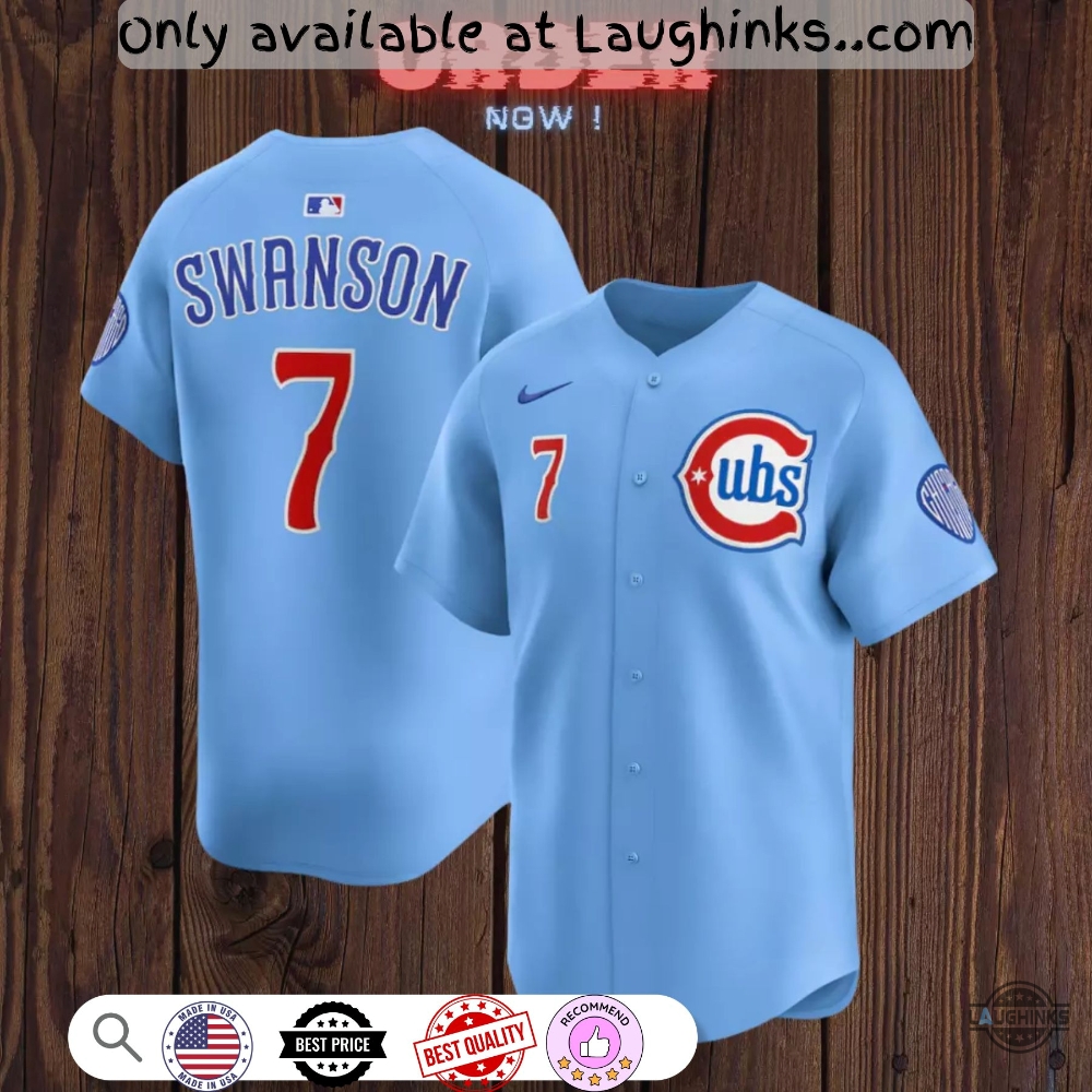 Dansby Swanson Number 7 Chicago Cubs Baby Blue Baseball Jersey Shirt Replica 2 Dansby Swanson Number 7 Chicago Cubs Baby Blue Baseball Jersey Shirt Replica