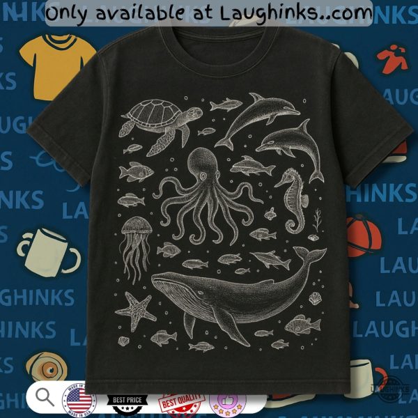 sea animals shirt turtle whale dolphin seashells octopus seahorse