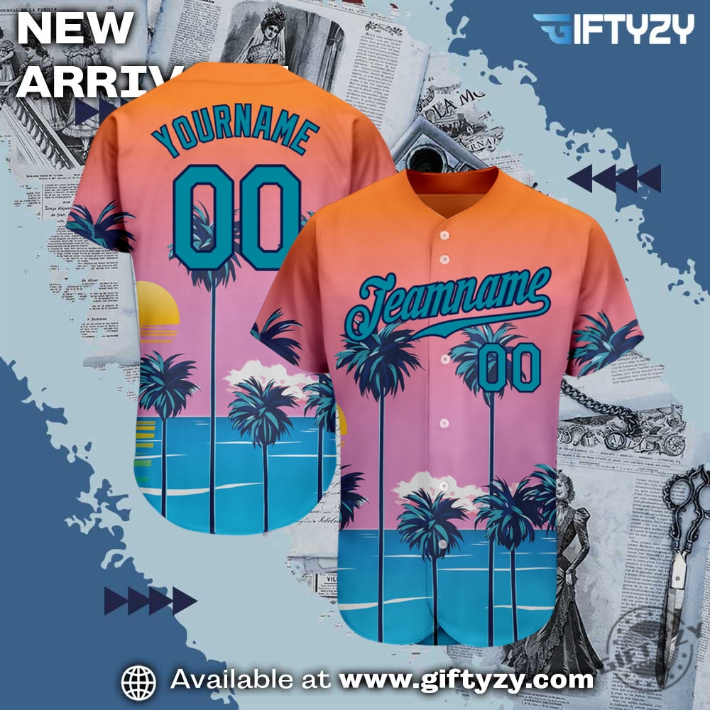 3D Over Printed Shirt and Shoes 13 Beach Hawaii Palm Trees Authentic Custom Orange Tealnavy 3D Pattern Design Sun Baseball Jersey