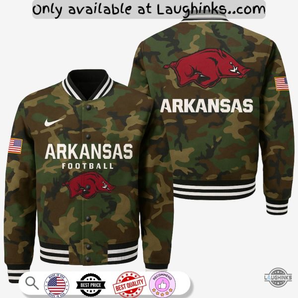 ncaa arkansas razorback sam pittman camo veteran baseball varsity jacket