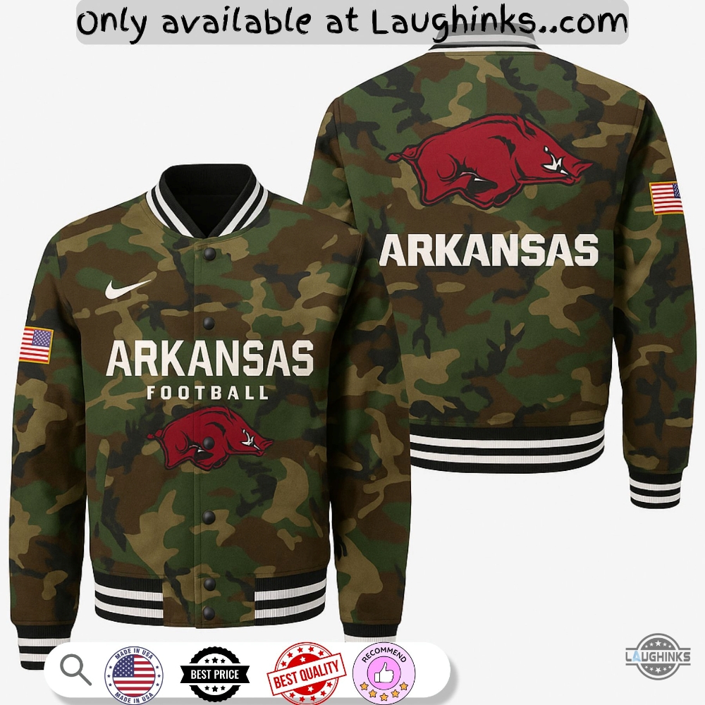 Ncaa Arkansas Razorback Sam Pittman Camo Veteran Baseball Varsity Jacket 2 NCAA Arkansas Razorback Sam Pittman Camo Veteran Baseball Varsity Jacket