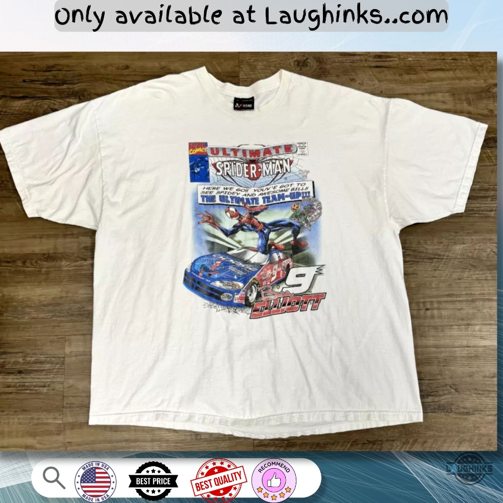 Reprinted 2001 Bill Elliot Spiderman Nascar T Shirt 4 Reprinted 2001 Bill Elliot Spiderman NASCAR T shirt