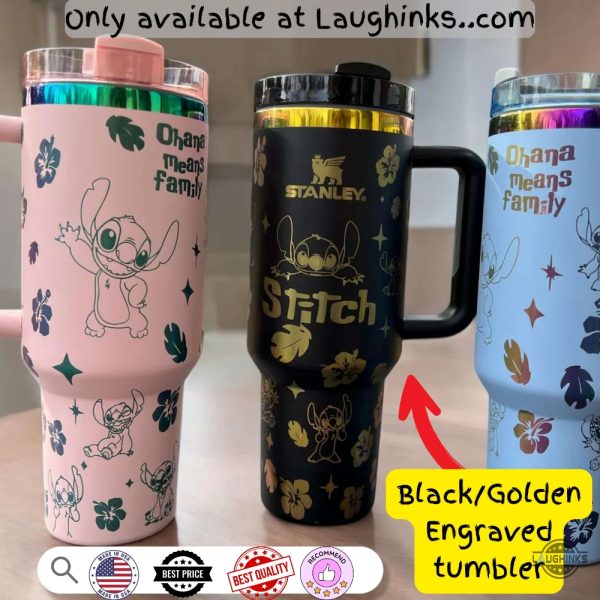 black golden engraved ohana means family lilo and stitch stanley cup dupe 40oz