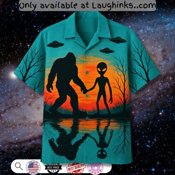 alien bigfoot bowling hawaiian shirt