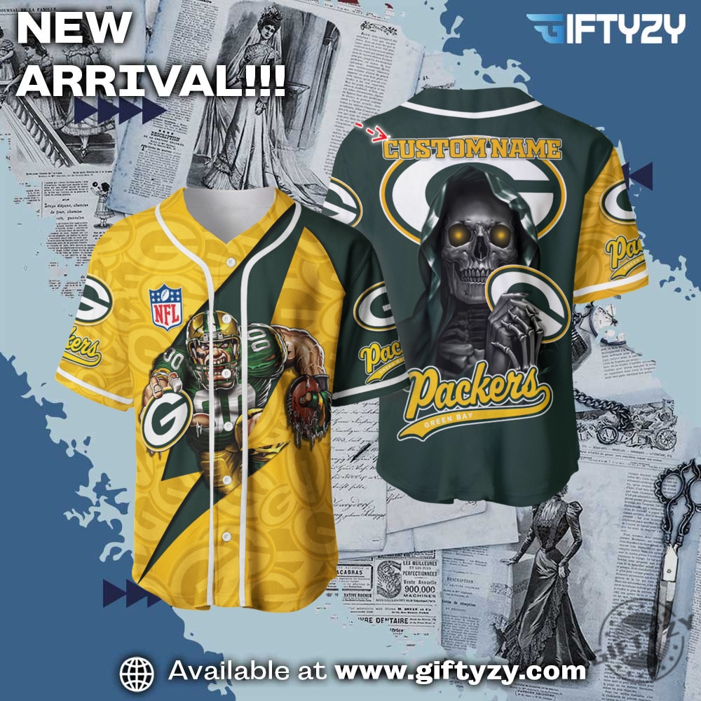 Nfl Green Bay Packers Skull Custom Name Baseball Jersey 1 NFL Green Bay Packers Skull Custom Name Baseball Jersey