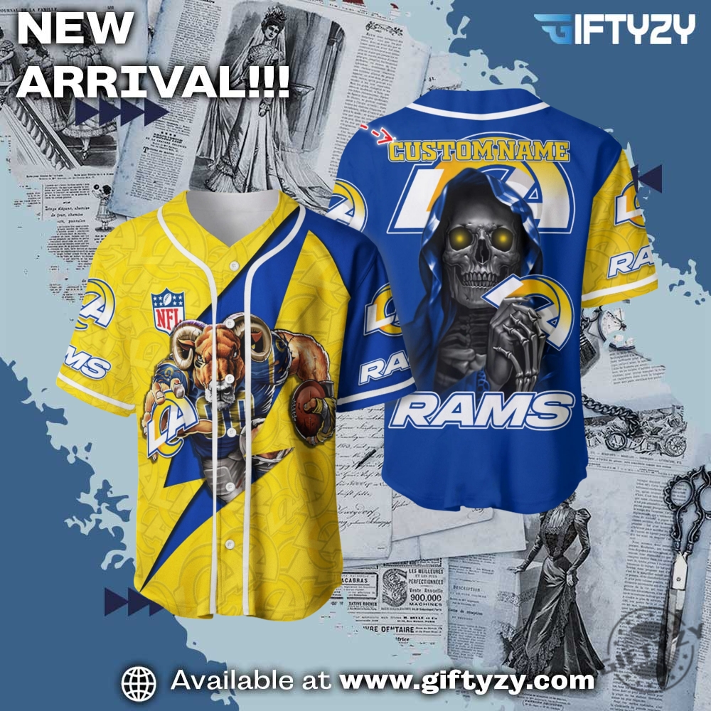 NFL, anime Jersey gift for fan 3 Nfl Los Angeles Rams Skull Custom Name Baseball Jersey