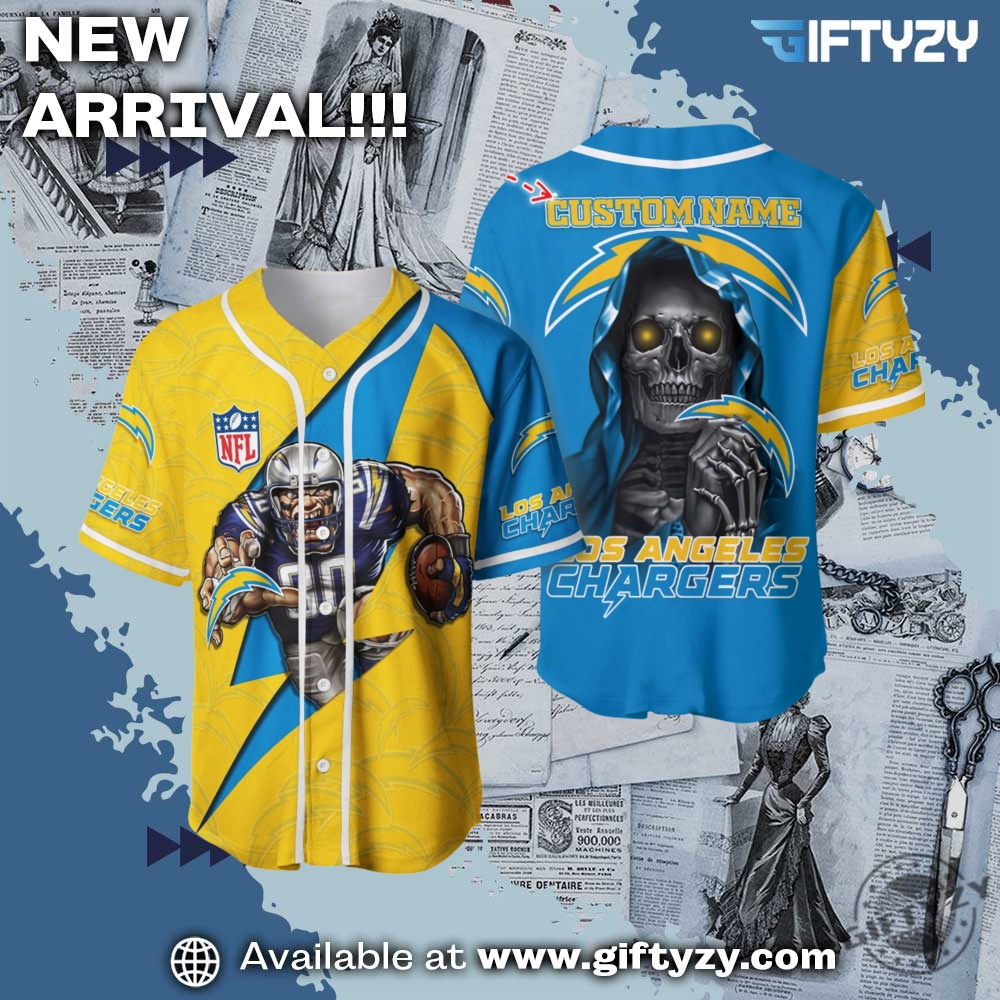 Nfl Los Angeles Chargers Skull Custom Name Baseball Jersey 1 NFL Los Angeles Chargers Skull Custom Name Baseball Jersey